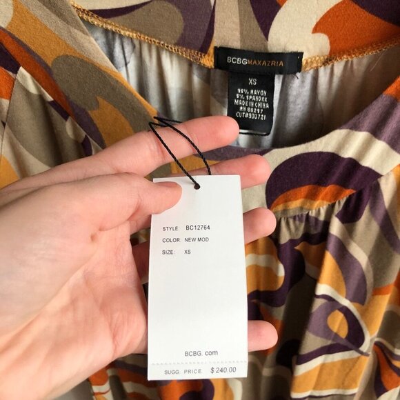 NEW BCBGMAXAZRIA Drop Waist Dress Mustard Orange Printed Swirl 60s 70s Mod Retro - Picture 6 of 9
